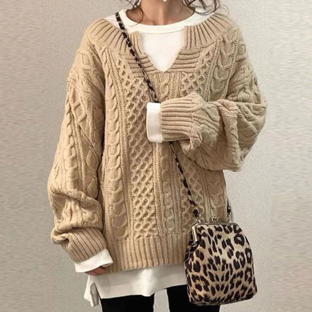 Women's Oversized Cable-Knit Jumper Long Sleeve Pullover - Khaki