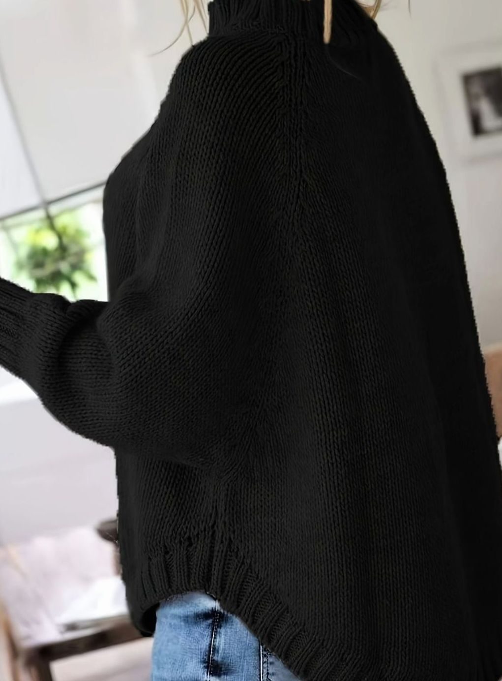 Women's Oversized Cable Knit Turtleneck Jumper Flared Hem