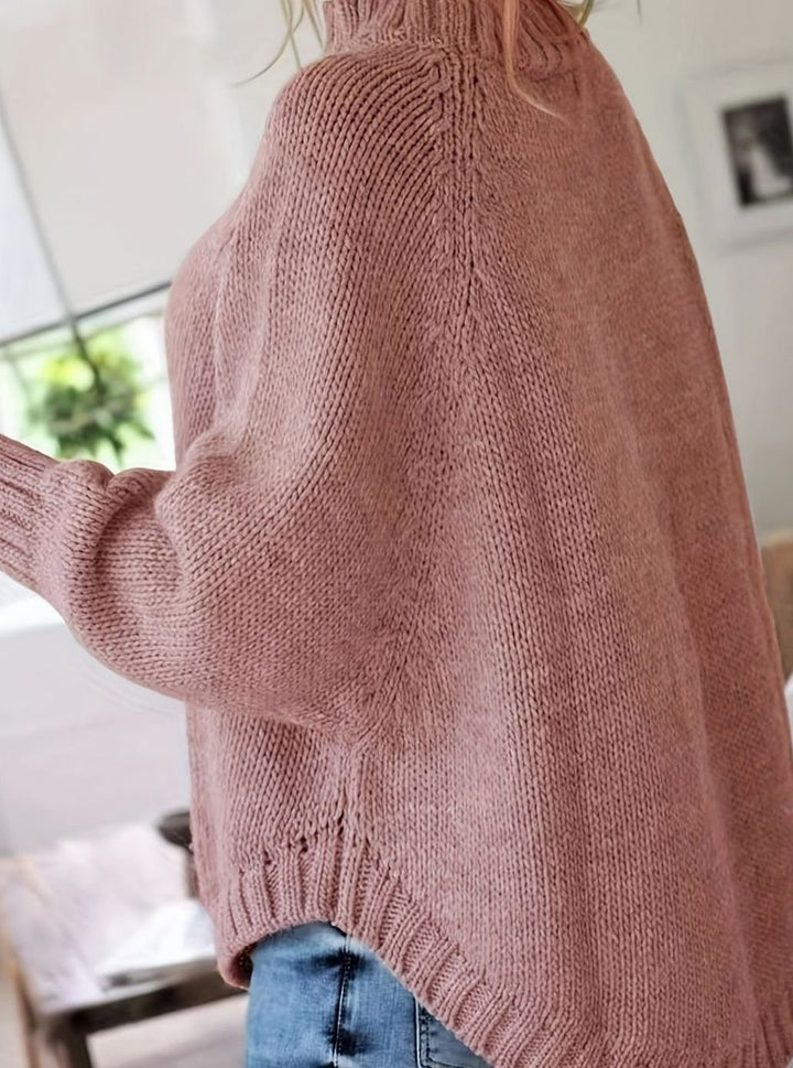 Women's Oversized Cable Knit Turtleneck Jumper Flared Hem