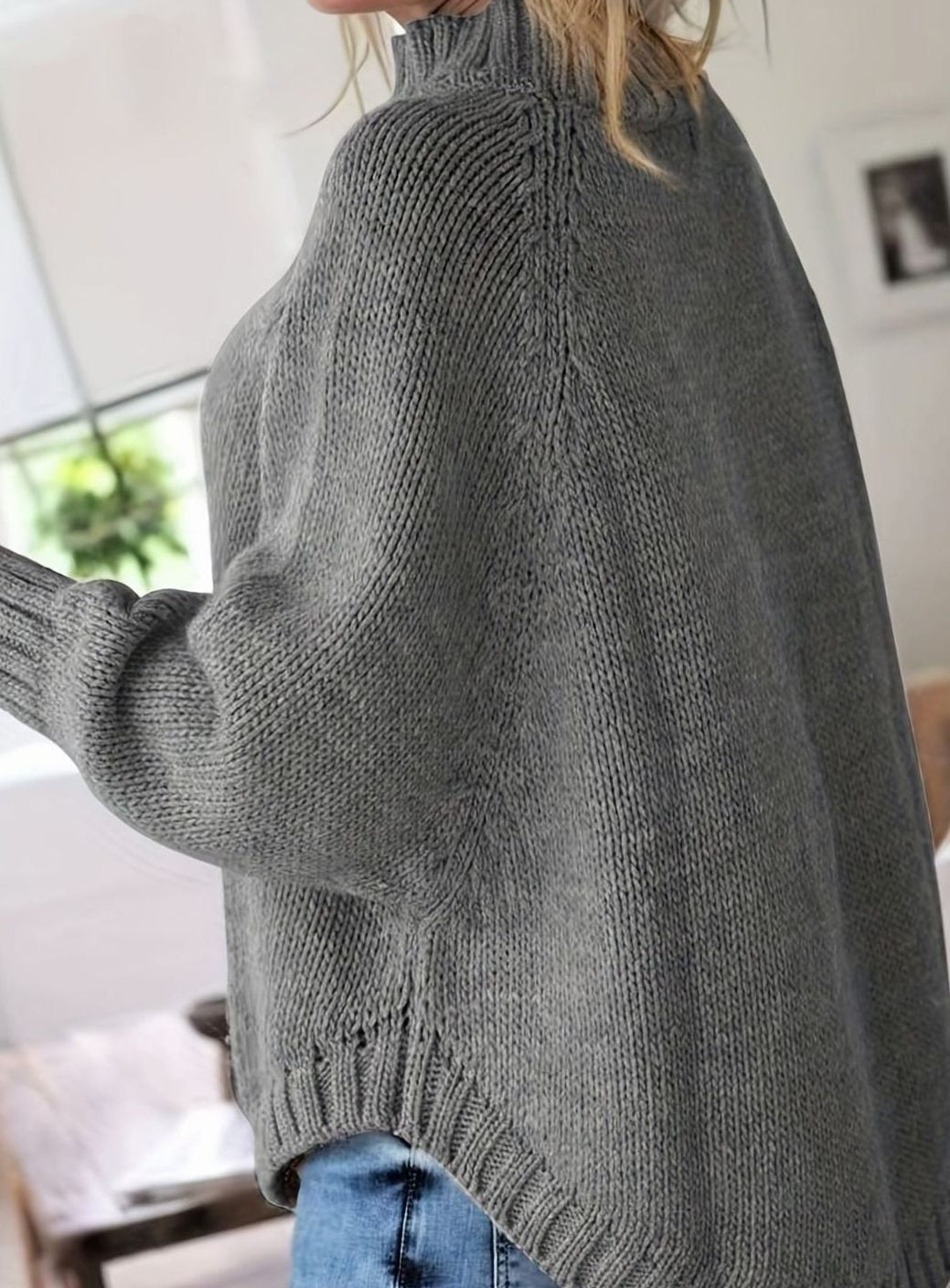 Women's Oversized Cable Knit Turtleneck Jumper Flared Hem