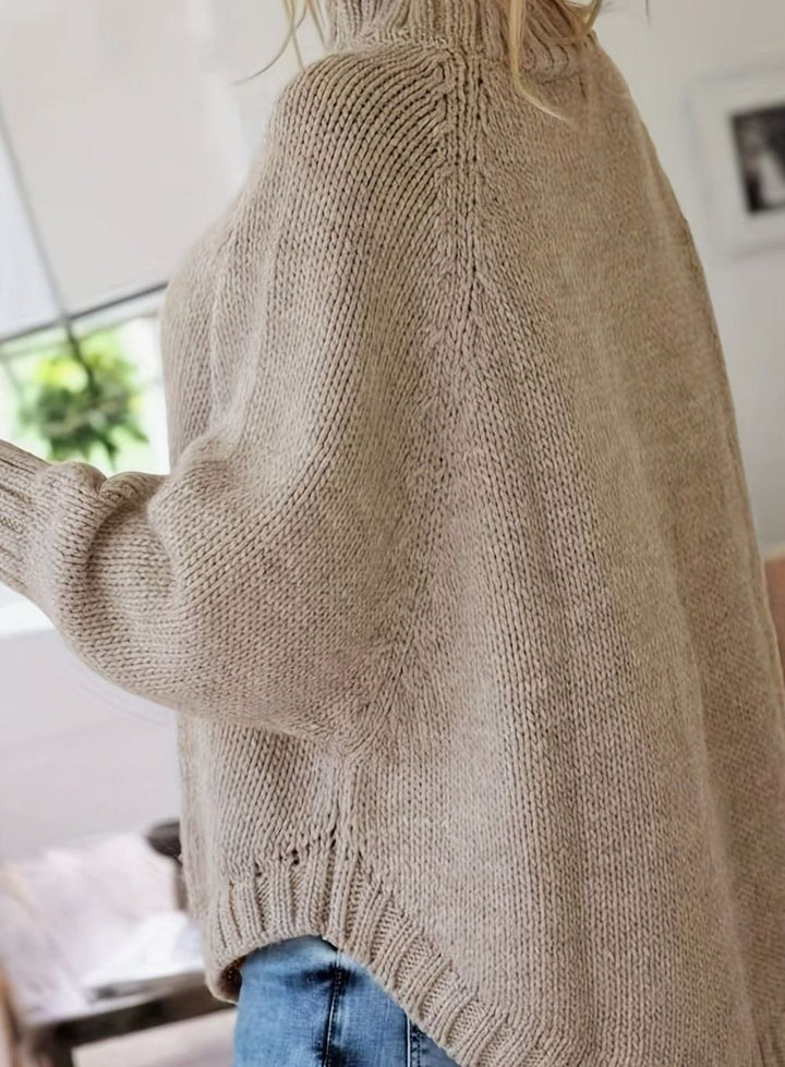 Women's Oversized Cable Knit Turtleneck Jumper Flared Hem