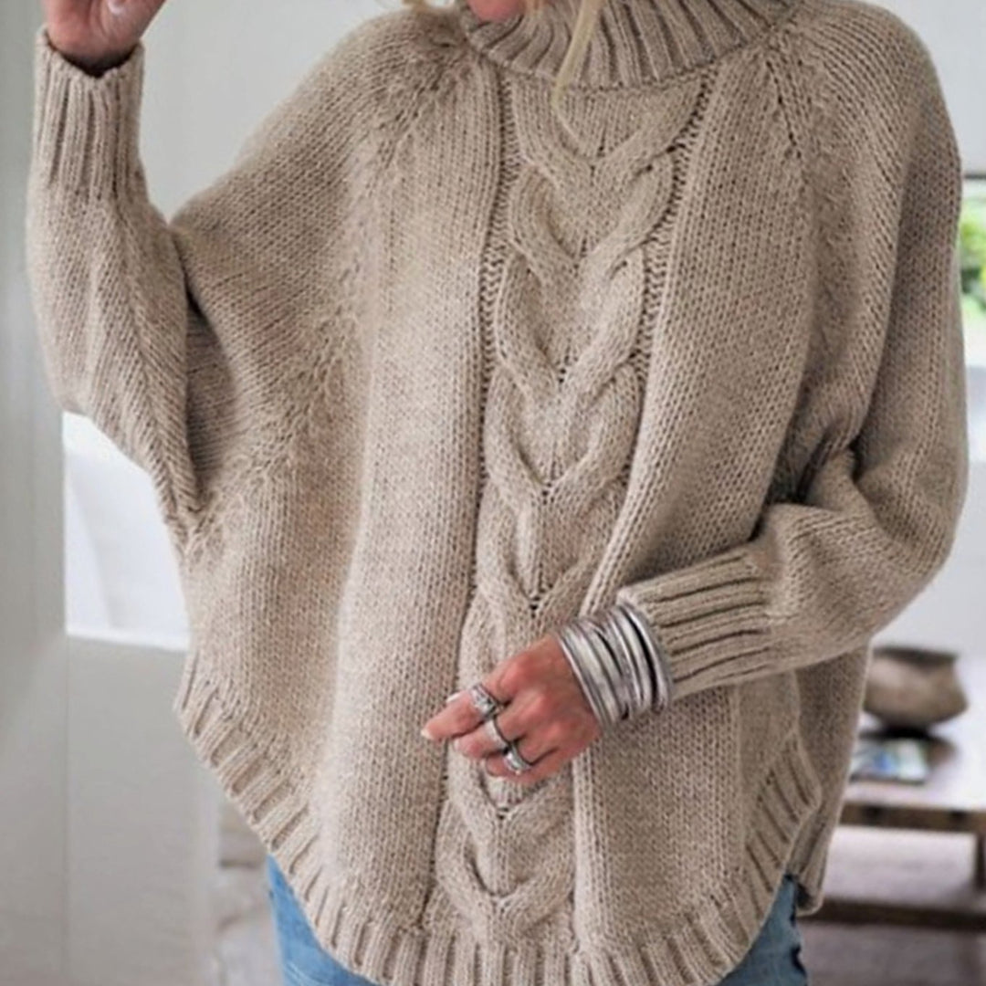 Women's Oversized Cable Knit Turtleneck Jumper Flared Hem - Khaki