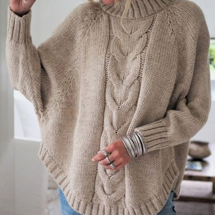 Women's Oversized Cable Knit Turtleneck Jumper Flared Hem - Khaki