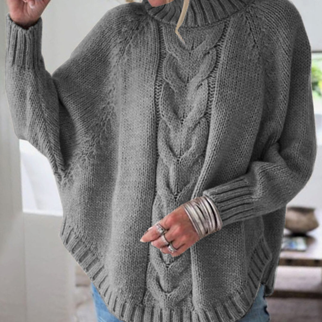 Women's Oversized Cable Knit Turtleneck Jumper Flared Hem - Grey