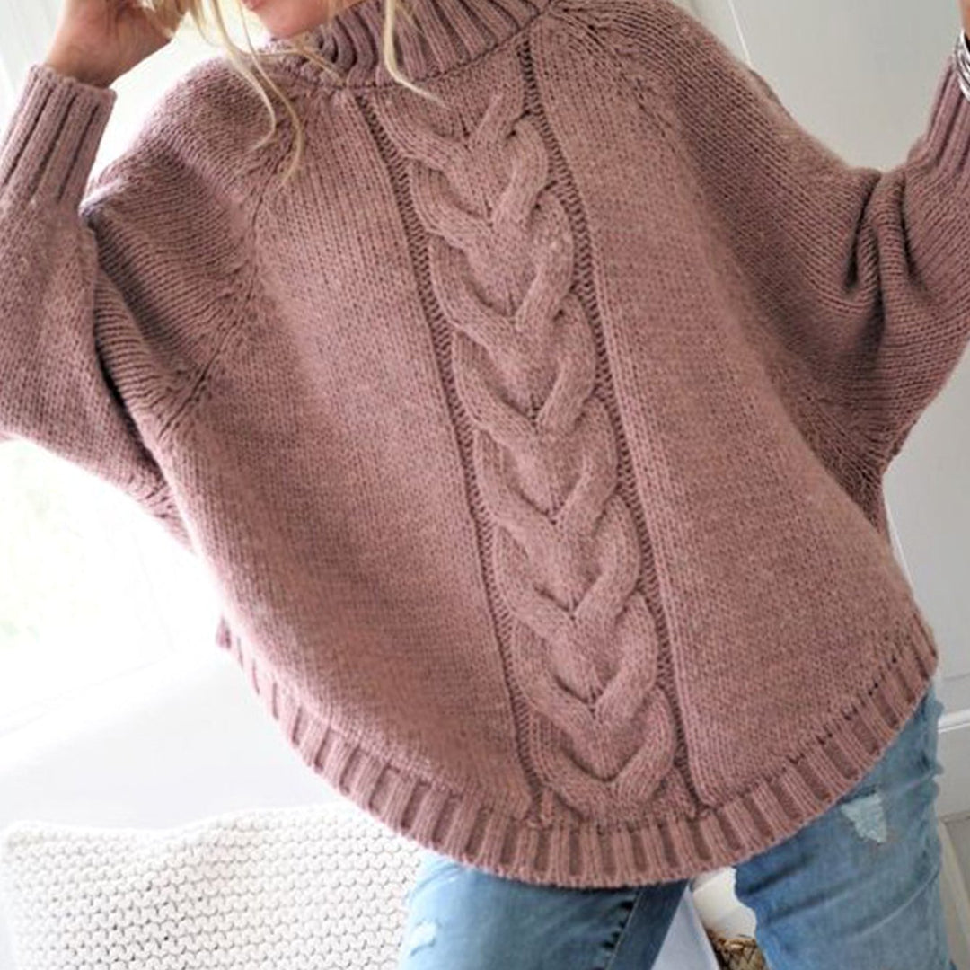 Women's Oversized Cable Knit Turtleneck Jumper Flared Hem - Pink