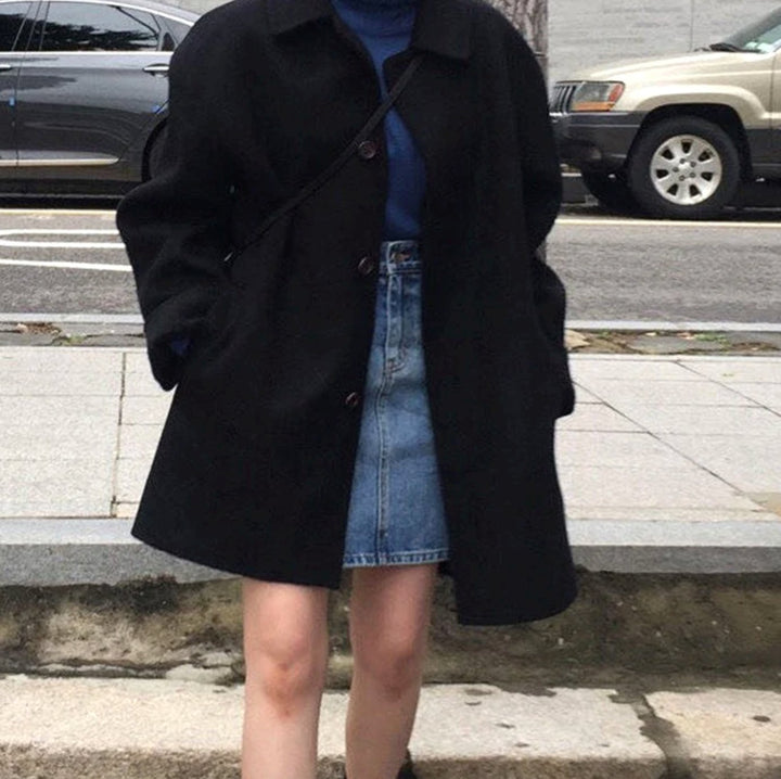 Women's Oversized Cashmere-Blend Short Trench Coat - Black