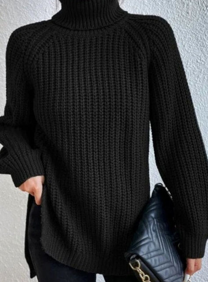 Women's Oversized Chunky-Knit Turtleneck Jumper Side-Split Hem - Black