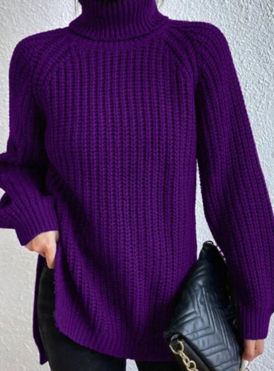 Women's Oversized Chunky-Knit Turtleneck Jumper Side-Split Hem - Purple