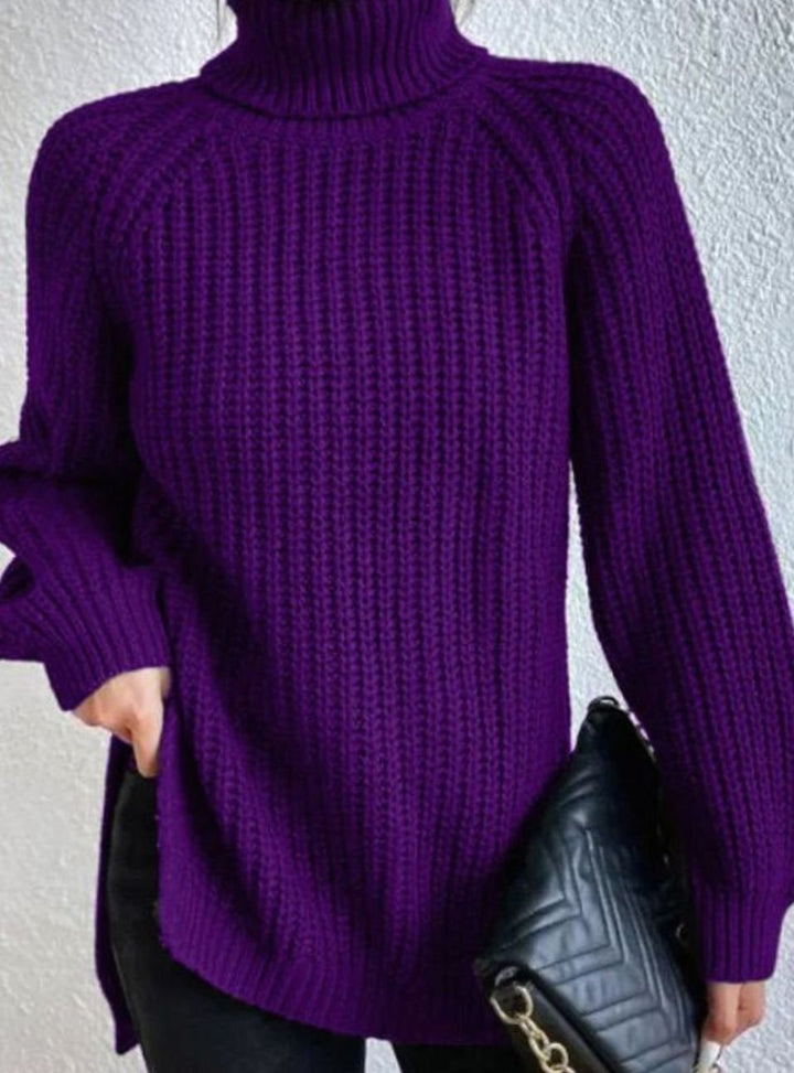 Women's Oversized Chunky-Knit Turtleneck Jumper Side-Split Hem - Purple