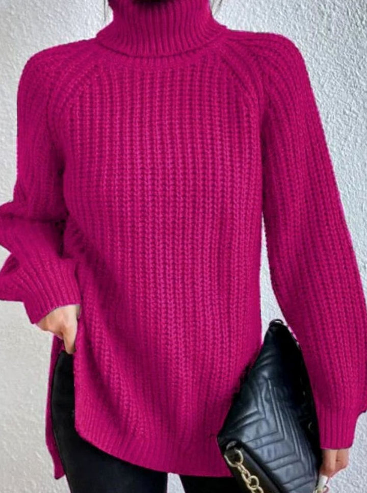 Women's Oversized Chunky-Knit Turtleneck Jumper Side-Split Hem - Pink