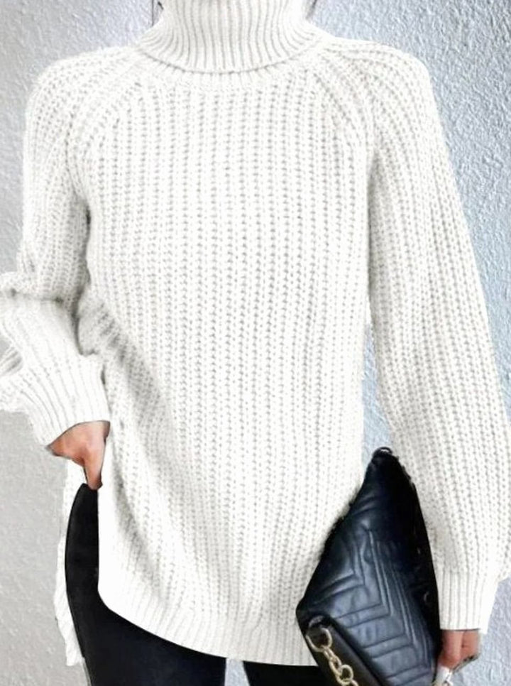 Women's Oversized Chunky-Knit Turtleneck Jumper Side-Split Hem - White