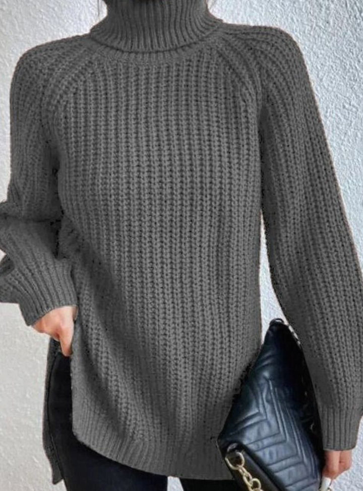 Women's Oversized Chunky-Knit Turtleneck Jumper Side-Split Hem - Grey