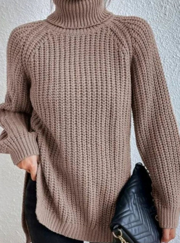 Women's Oversized Chunky-Knit Turtleneck Jumper Side-Split Hem - Light Brown
