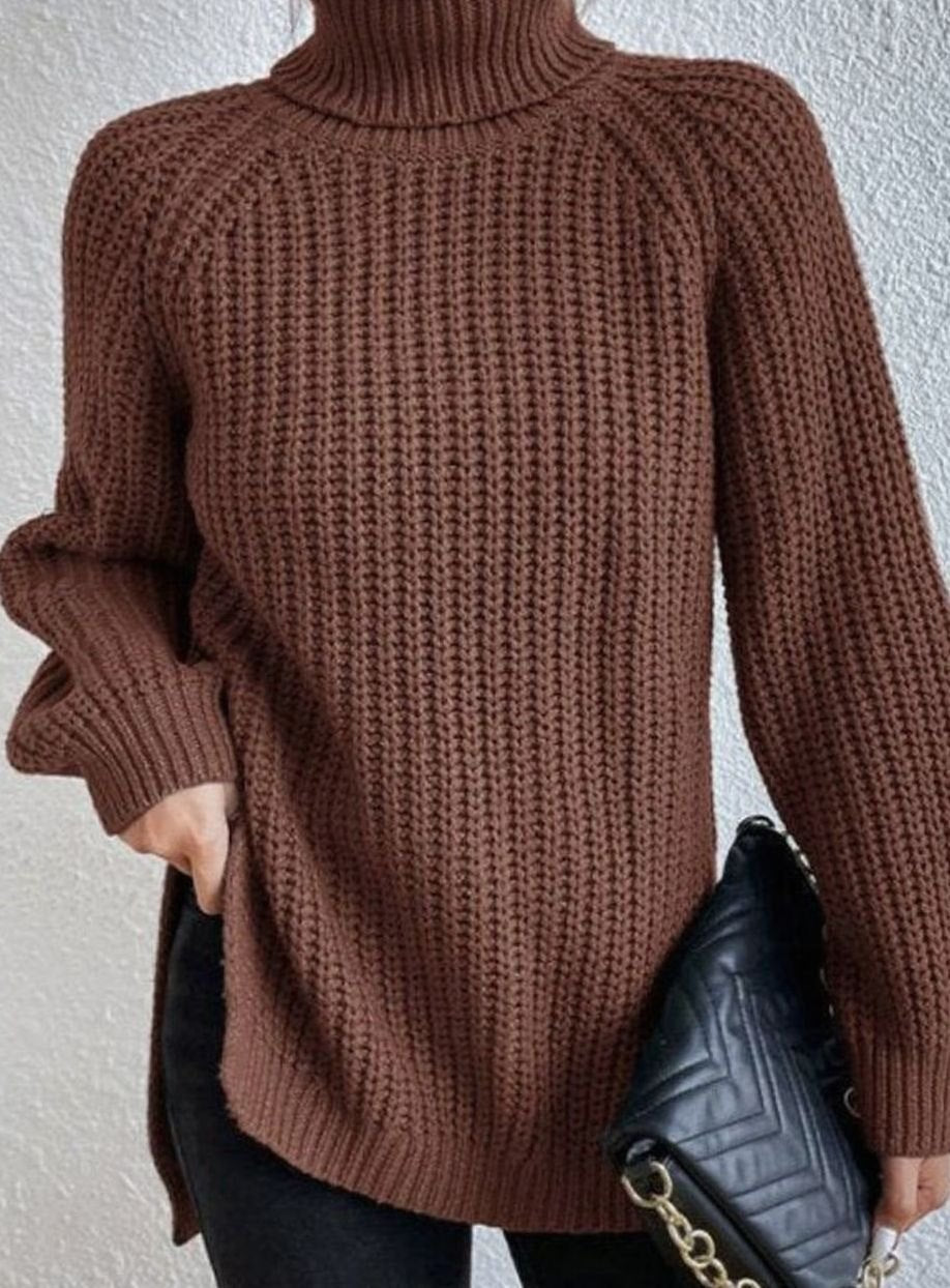 Women's Oversized Chunky-Knit Turtleneck Jumper Side-Split Hem - Amber