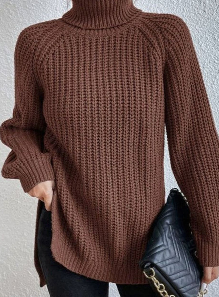 Women's Oversized Chunky-Knit Turtleneck Jumper Side-Split Hem - Amber