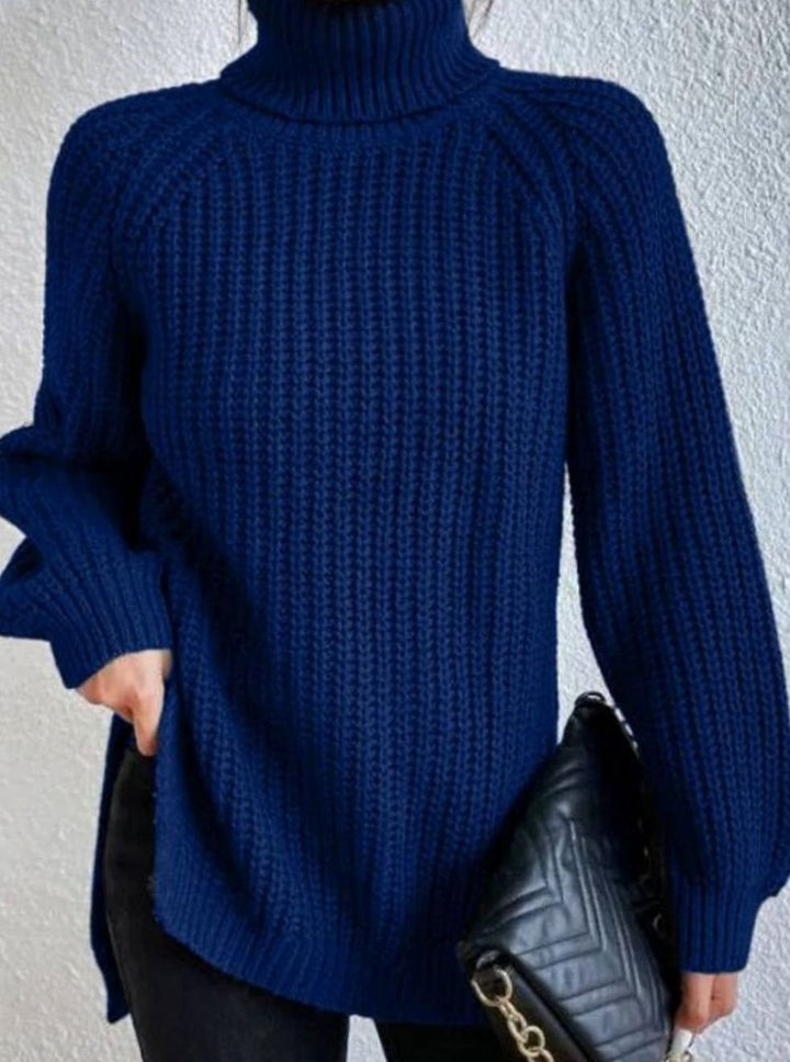 Women's Oversized Chunky-Knit Turtleneck Jumper Side-Split Hem - Navy Blue