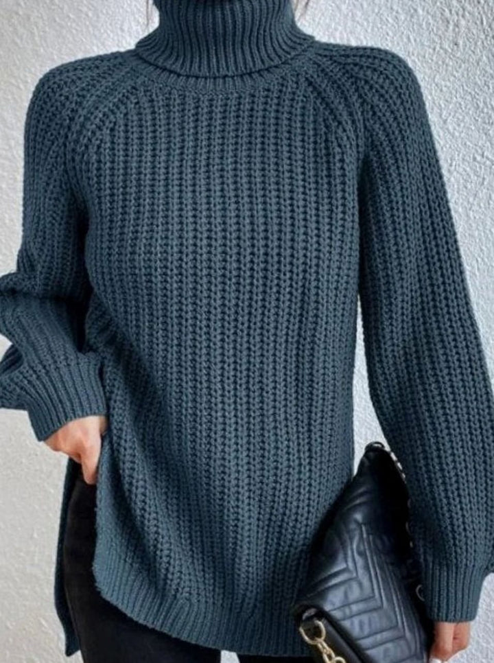 Women's Oversized Chunky-Knit Turtleneck Jumper Side-Split Hem - Ocean Blue