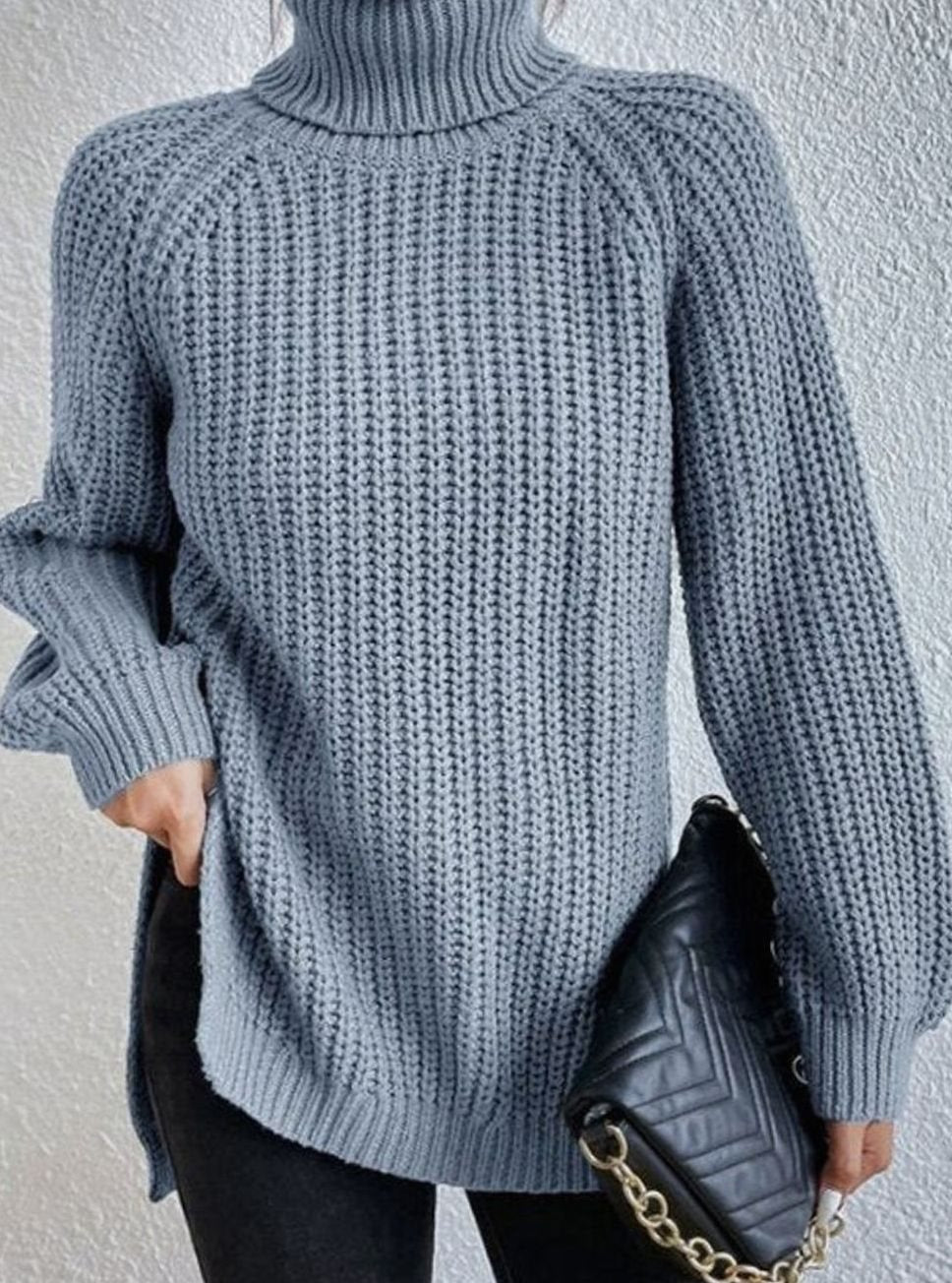 Women's Oversized Chunky-Knit Turtleneck Jumper Side-Split Hem - Sky Blue