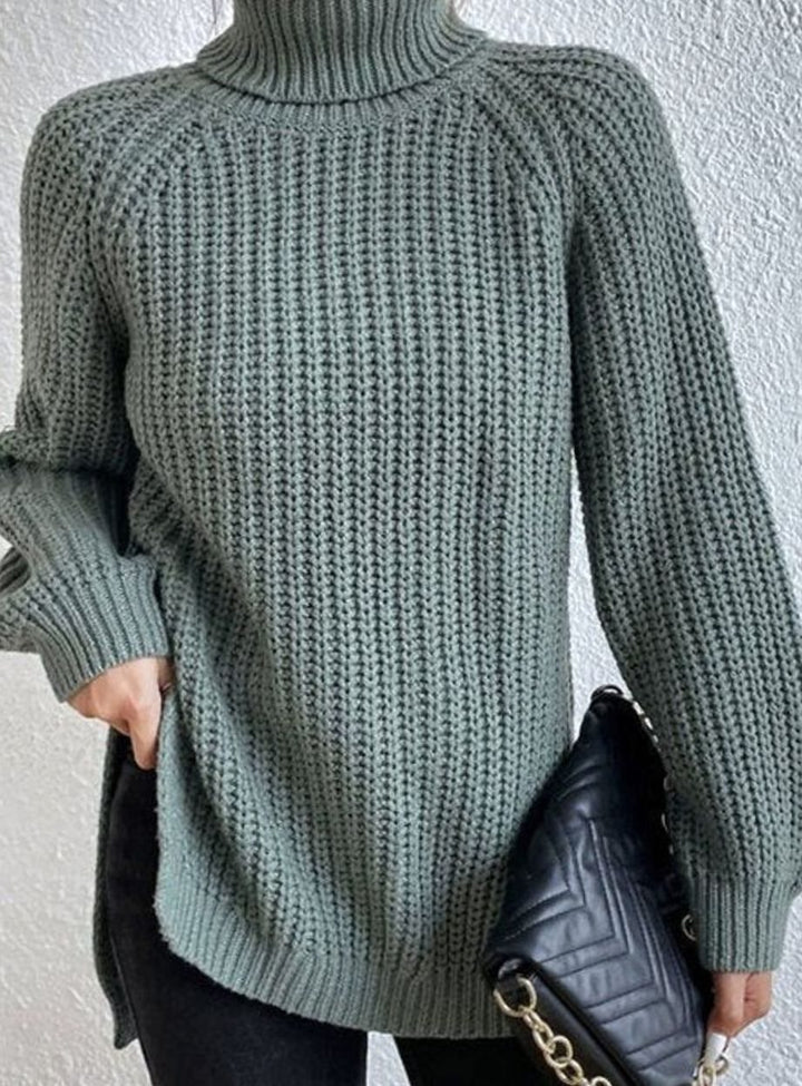 Women's Oversized Chunky-Knit Turtleneck Jumper Side-Split Hem - Green