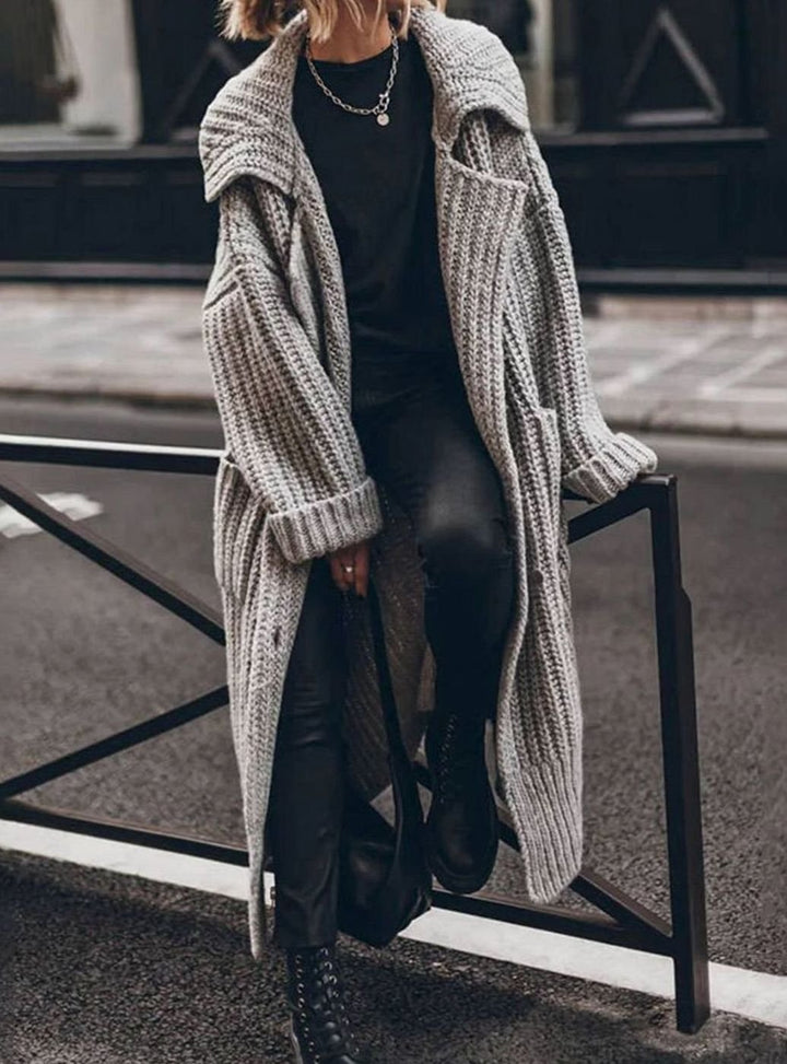 Women's Oversized Chunky Rib-Knit Longline Lapel Cardigan - Grey