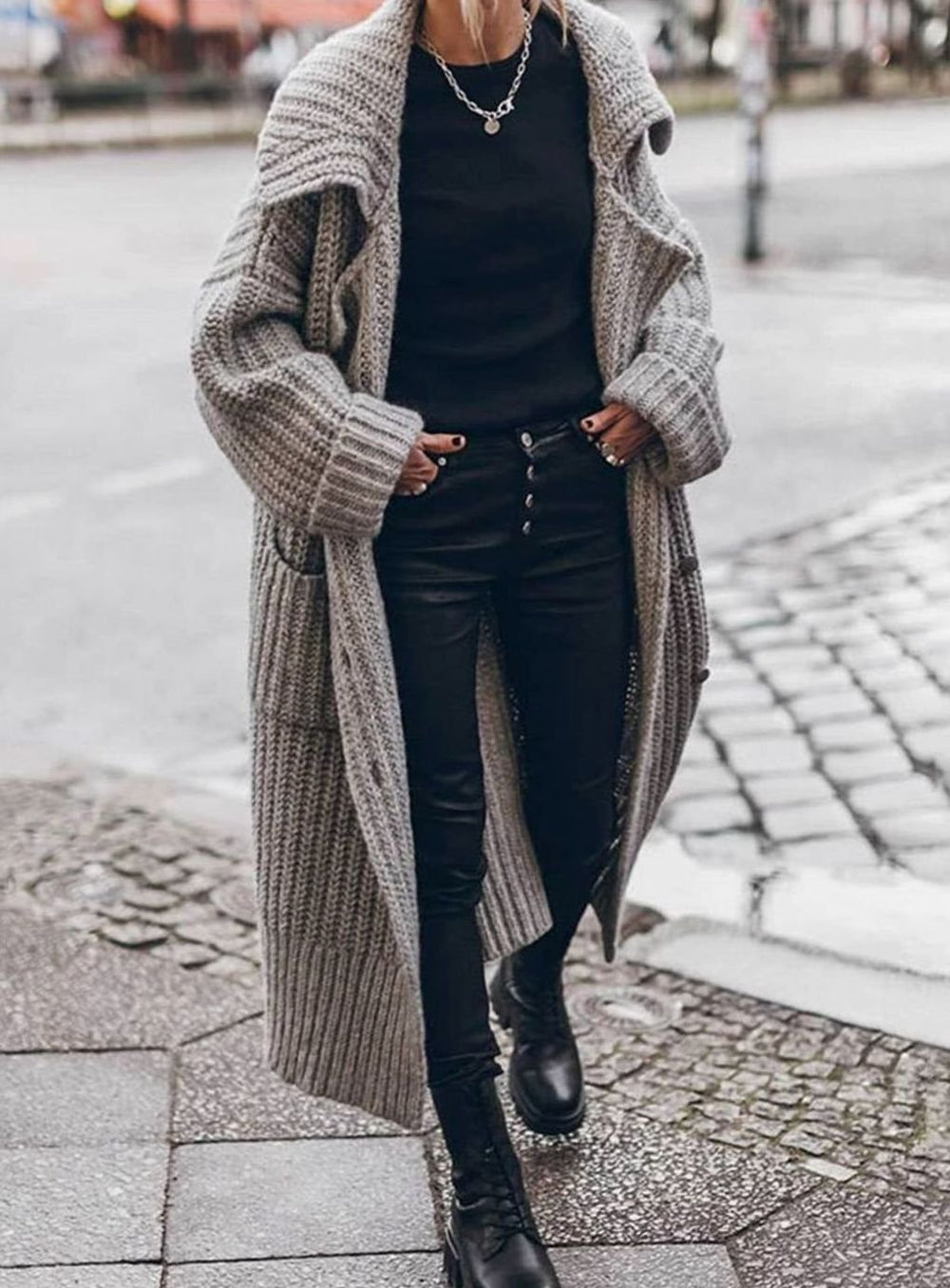 Women's Oversized Chunky Rib-Knit Longline Lapel Cardigan