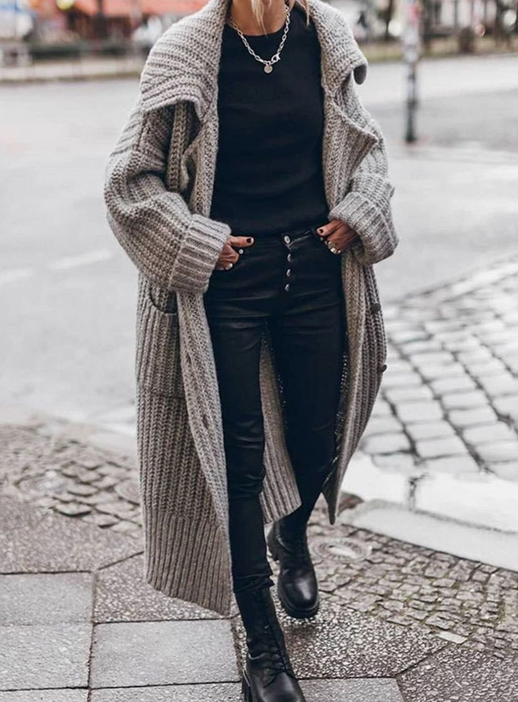 Women's Oversized Chunky Rib-Knit Longline Lapel Cardigan