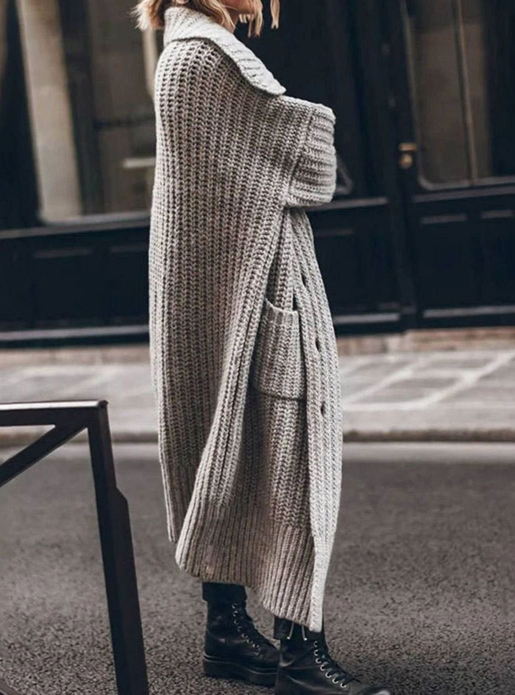 Women's Oversized Chunky Rib-Knit Longline Lapel Cardigan