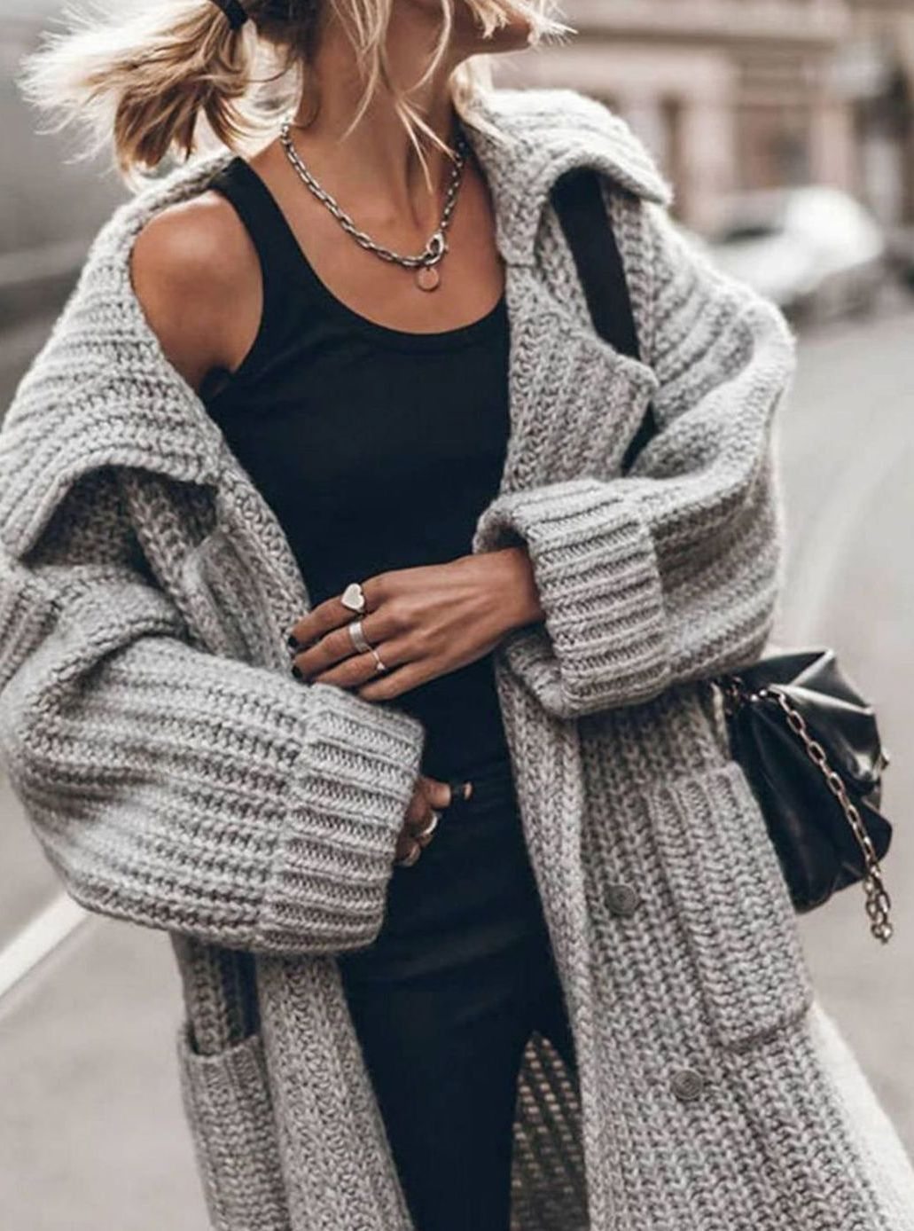 Women's Oversized Chunky Rib-Knit Longline Lapel Cardigan