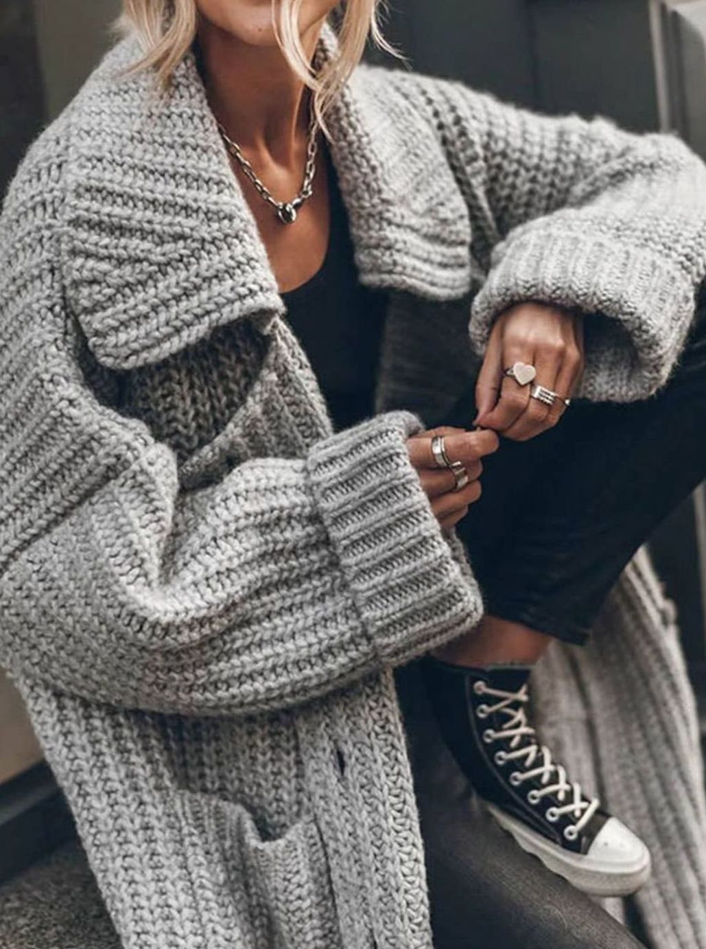 Women's Oversized Chunky Rib-Knit Longline Lapel Cardigan