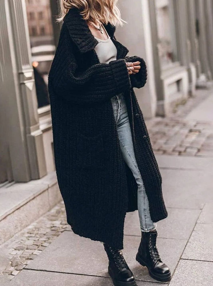 Women's Oversized Chunky Rib-Knit Longline Lapel Cardigan - Black