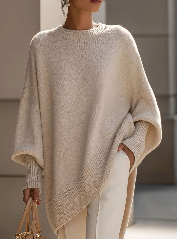 Women's Oversized Crew Neck Asymmetric Hem Knit Poncho Sweater - Beige