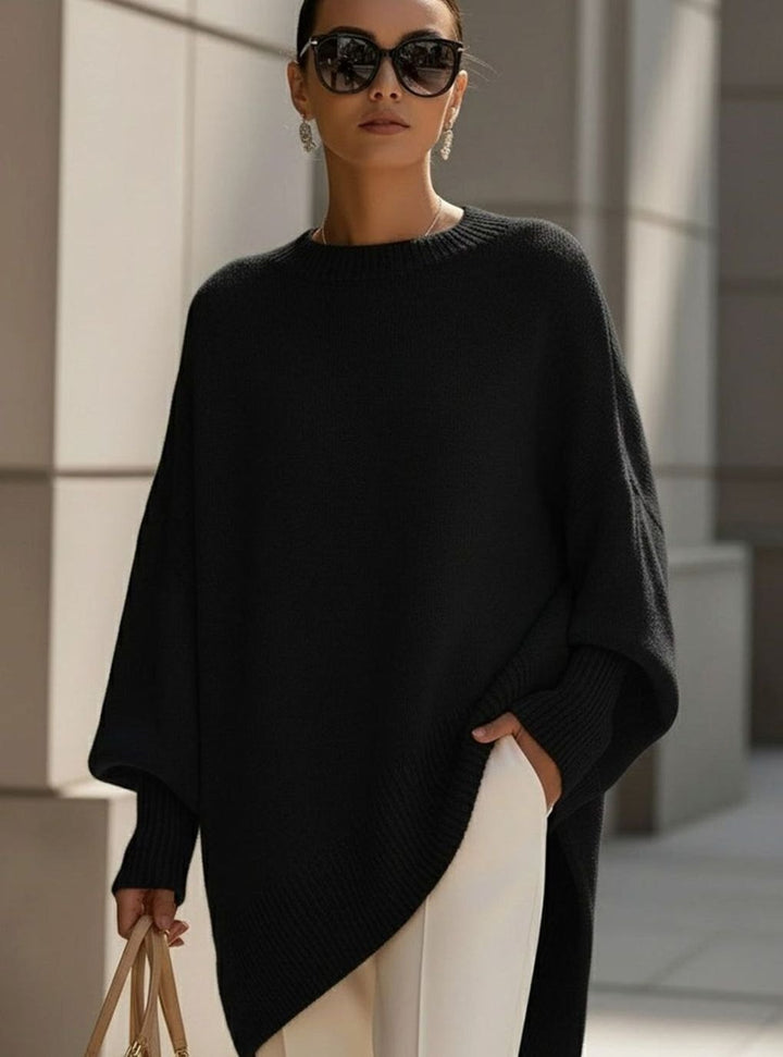 Women's Oversized Crew Neck Asymmetric Hem Knit Poncho Sweater - Black