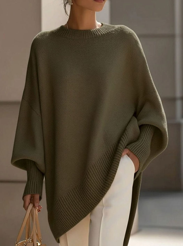 Women's Oversized Crew Neck Asymmetric Hem Knit Poncho Sweater - Olive Green