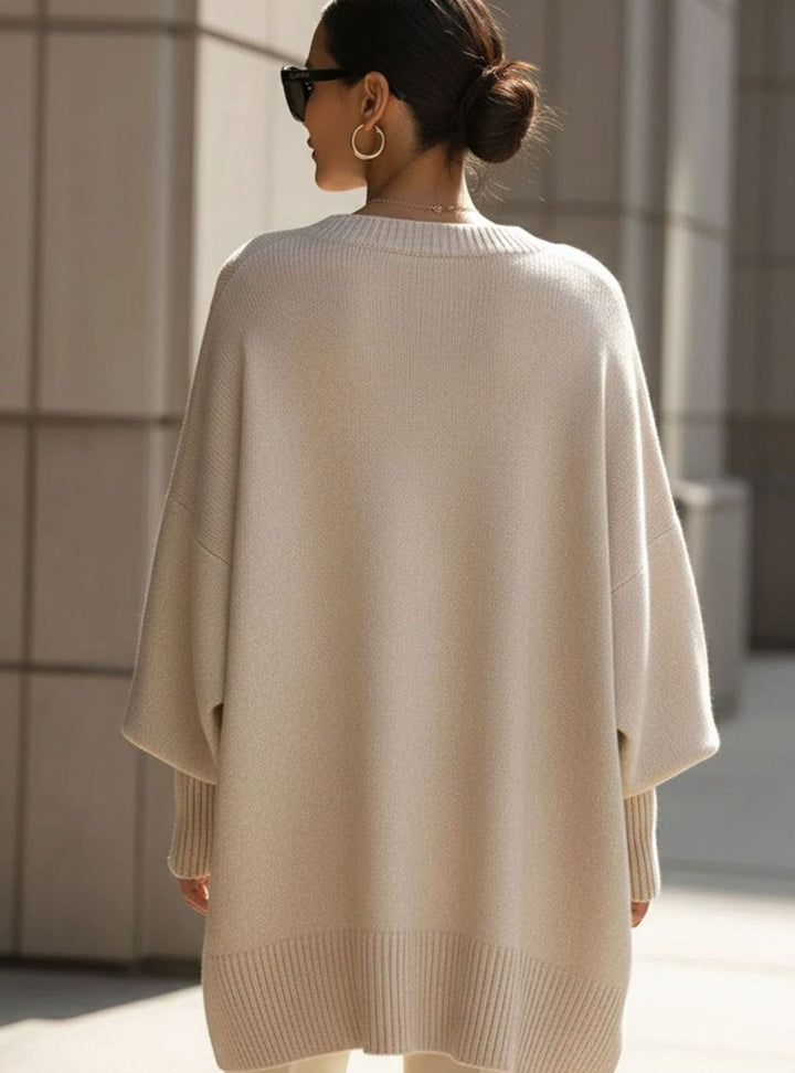 Women's Oversized Crew Neck Asymmetric Hem Knit Poncho Sweater