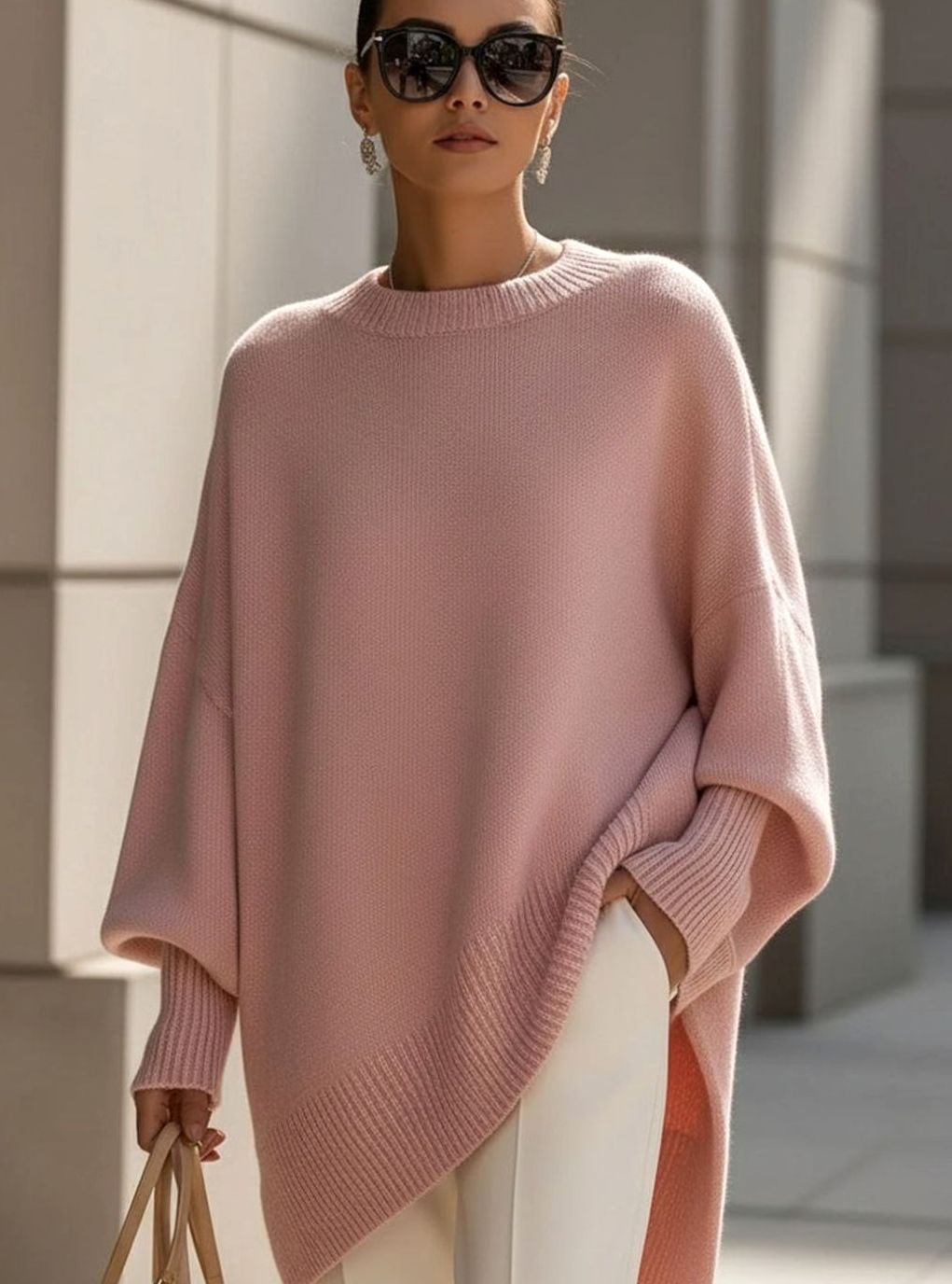 Women's Oversized Crew Neck Asymmetric Hem Knit Poncho Sweater - Pink
