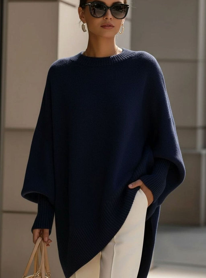 Women's Oversized Crew Neck Asymmetric Hem Knit Poncho Sweater - Navy Blue