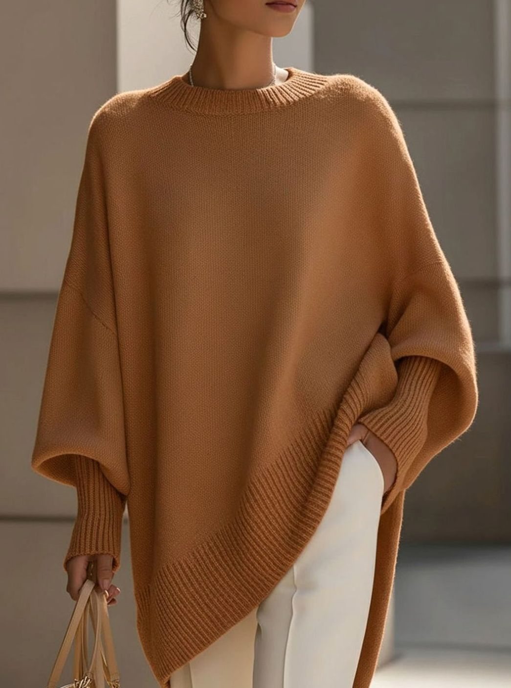 Women's Oversized Crew Neck Asymmetric Hem Knit Poncho Sweater - Brown