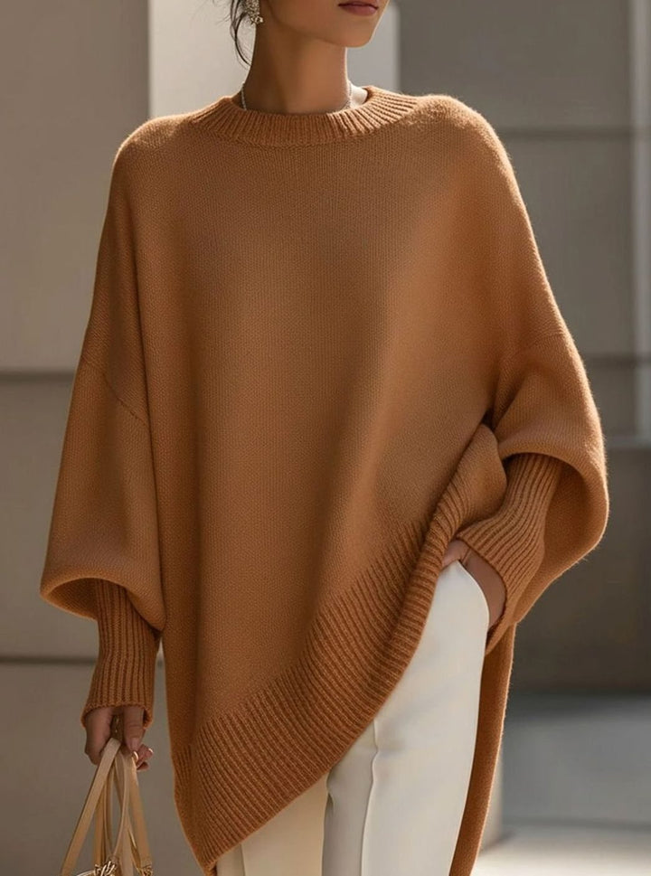 Women's Oversized Crew Neck Asymmetric Hem Knit Poncho Sweater - Brown