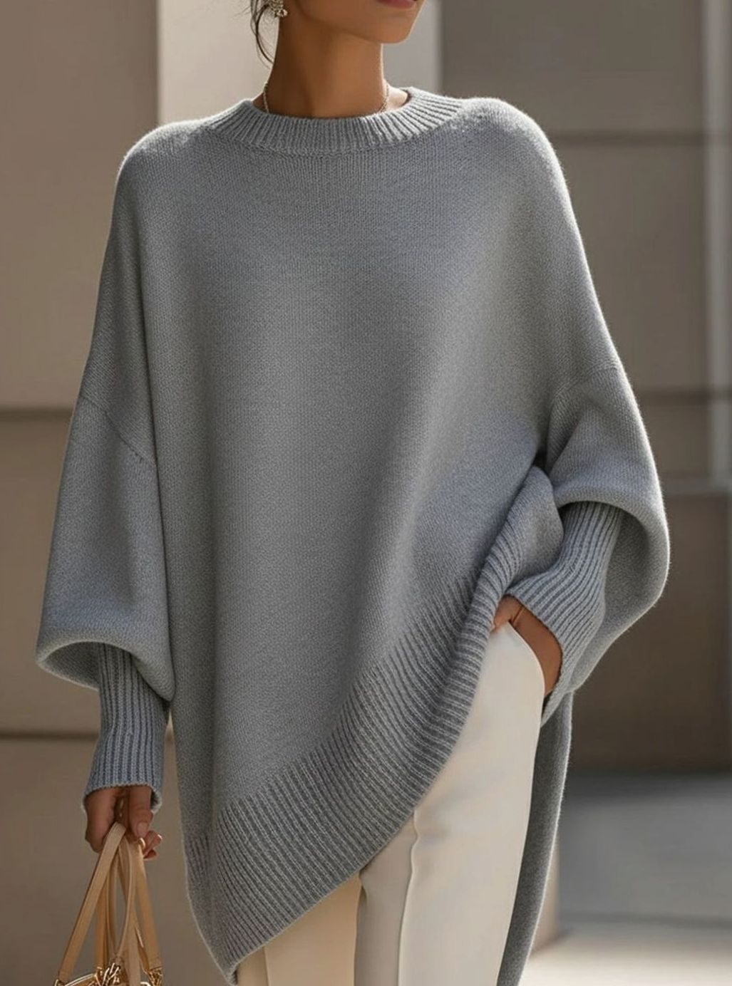 Women's Oversized Crew Neck Asymmetric Hem Knit Poncho Sweater - Grey