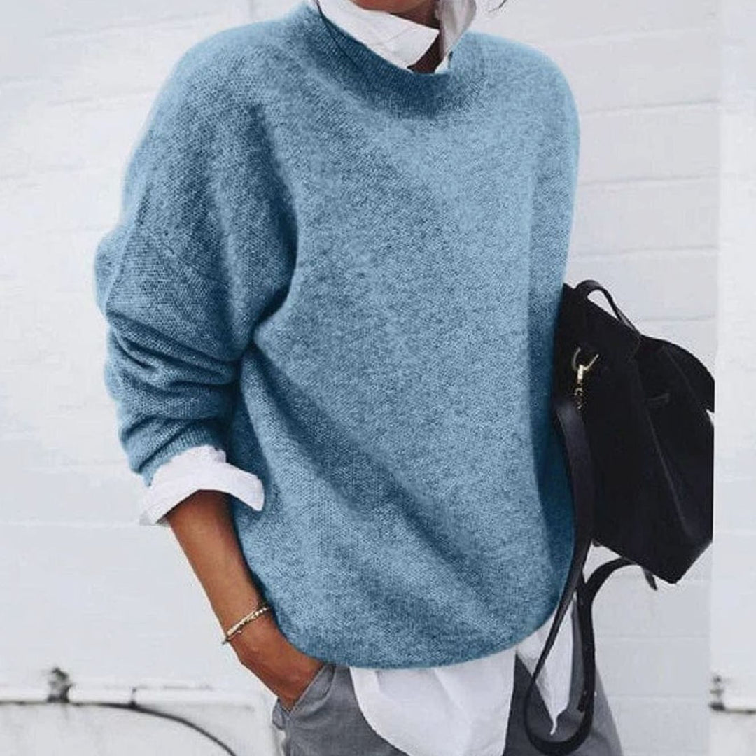 Women's Oversized Crew-Neck Knitted Jumper, Light Blue - Blue