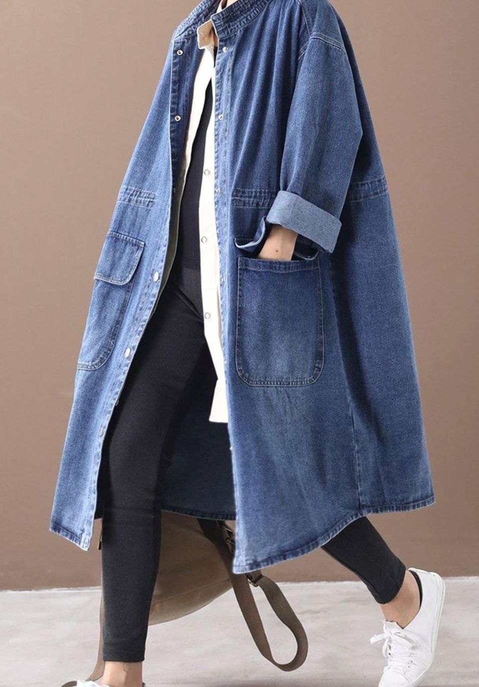 Women's Oversized Denim Drawstring Longline Trench Coat - Blue