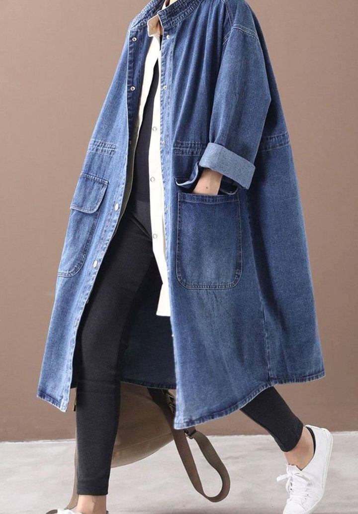 Women's Oversized Denim Drawstring Longline Trench Coat - Blue