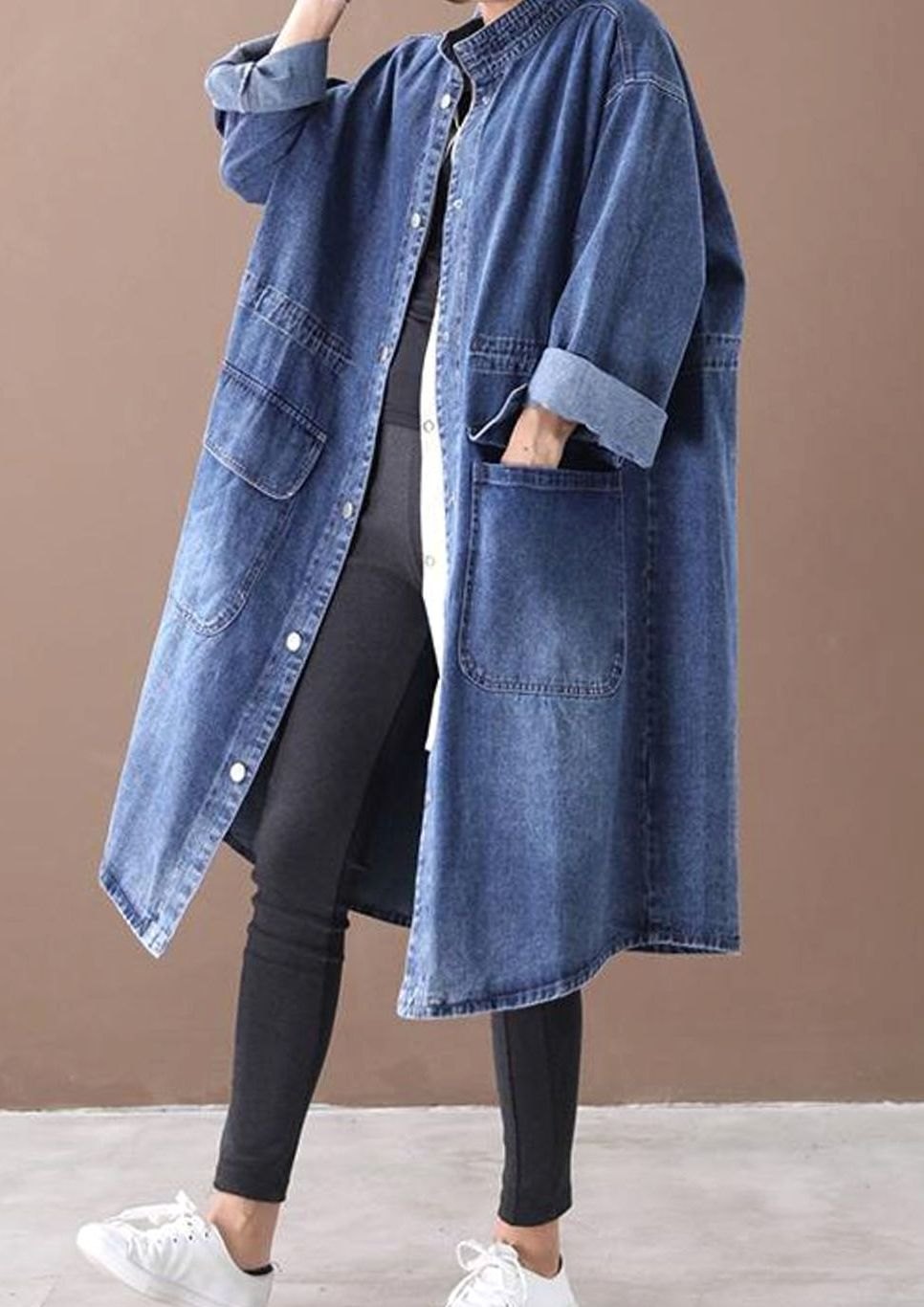 Women's Oversized Denim Drawstring Longline Trench Coat