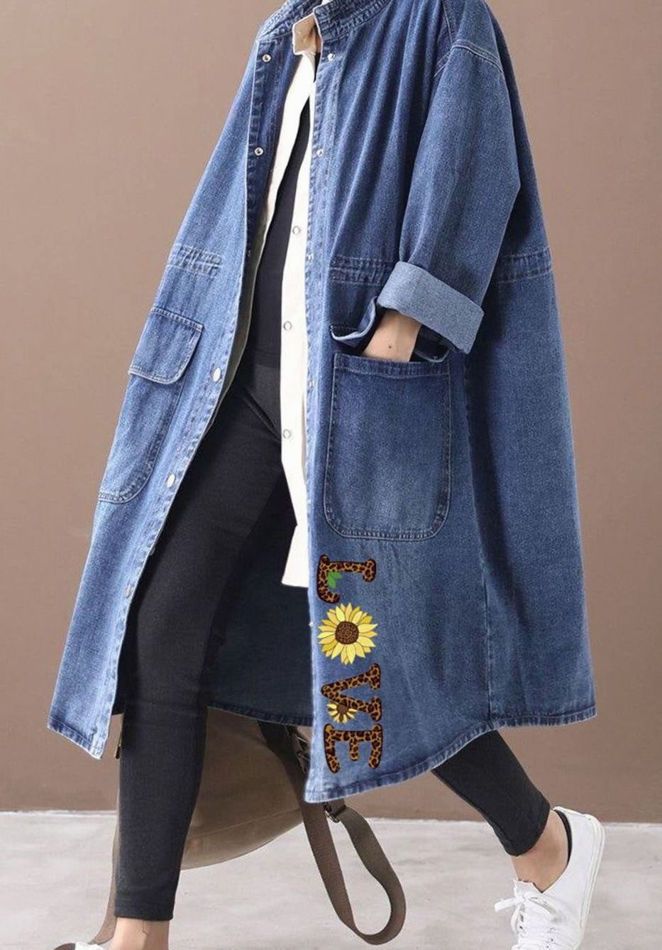 Women's Oversized Denim Drawstring Longline Trench Coat
