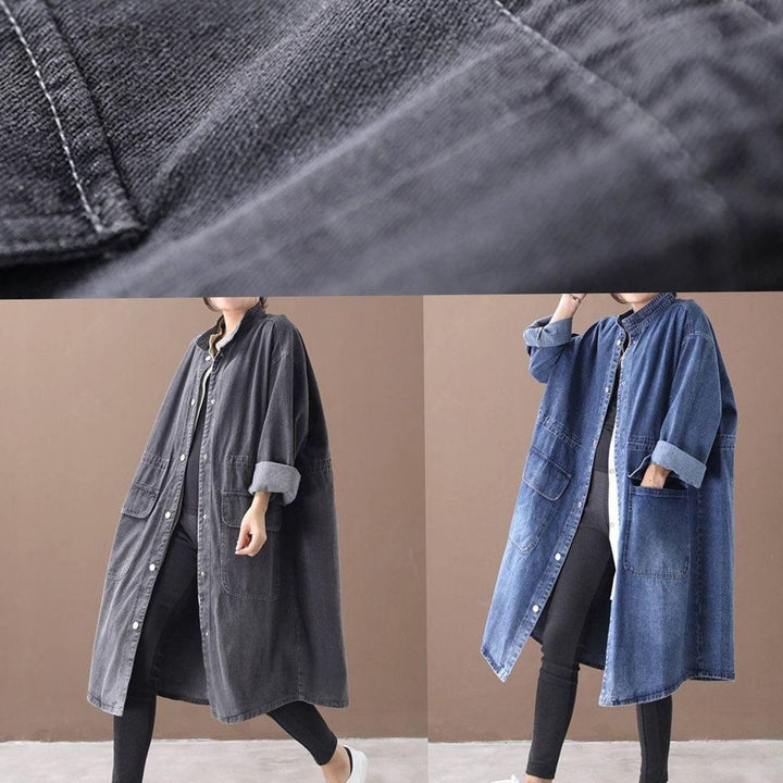 Women's Oversized Denim Drawstring Longline Trench Coat - Black