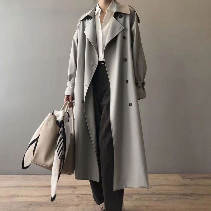 Women's Oversized Double-Breasted Belted Longline Trench Coat - Grey