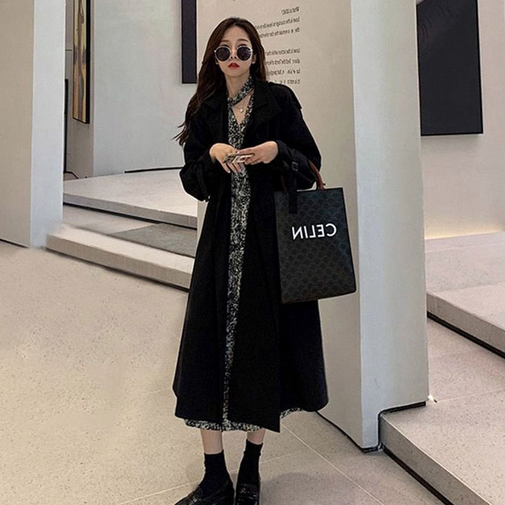 Women's Oversized Double-Breasted Longline Trench Coat, Black