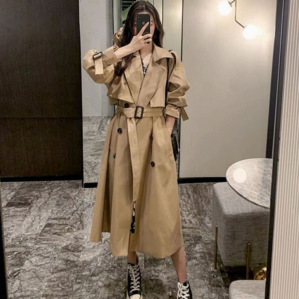Women's Oversized Double-Breasted Longline Trench Coat, Black