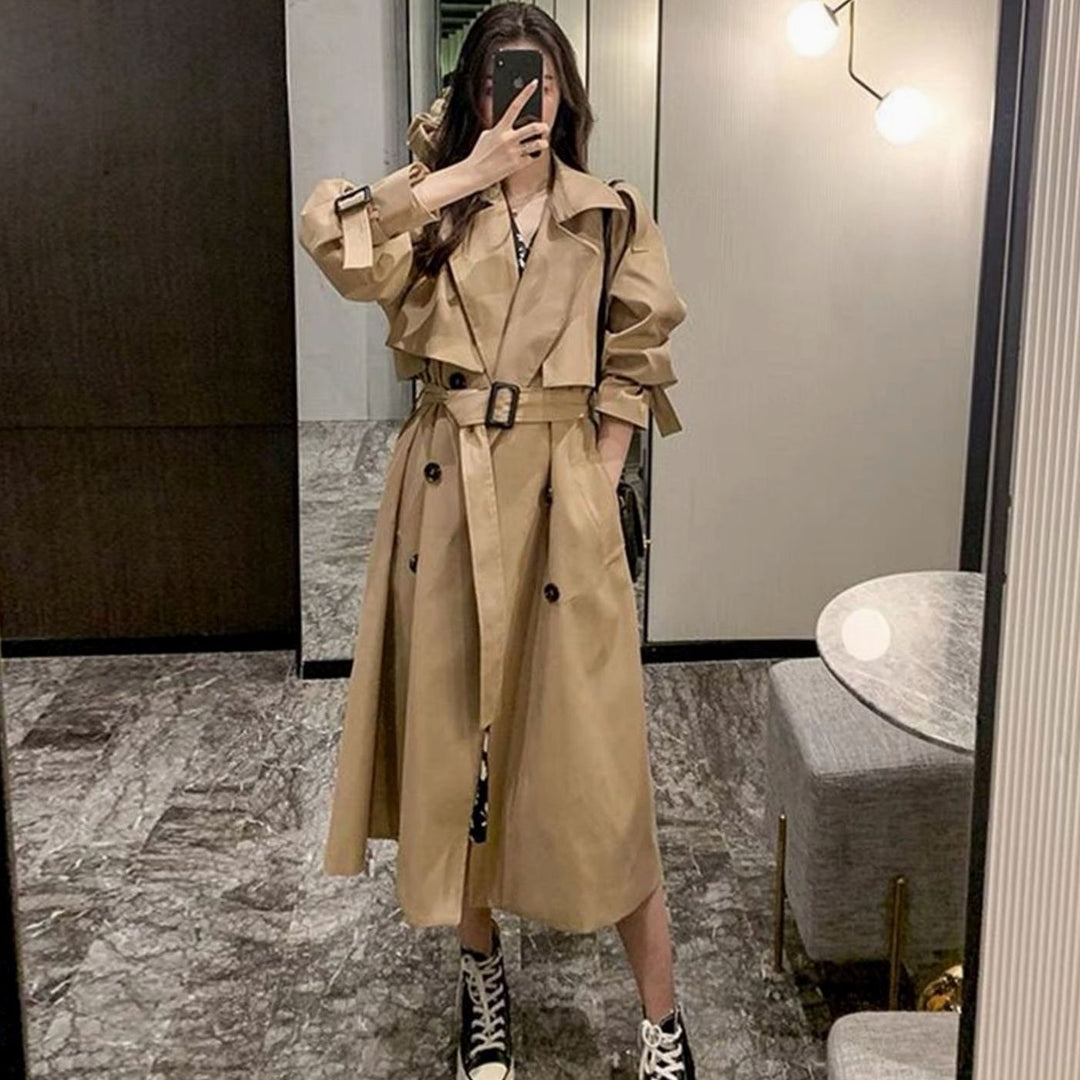 Women's Oversized Double-Breasted Longline Trench Coat, Black