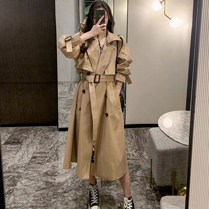 Women's Oversized Double-Breasted Longline Trench Coat, Black